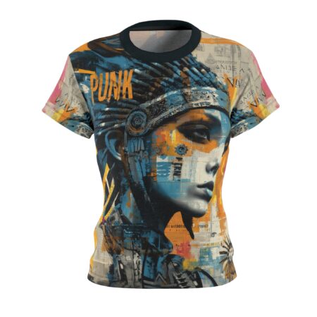 Cyber grunge punk all over print sublimation tee with a distressed collage of a woman's face and newspaper text.