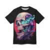 Black sublimation tee, cybernetic skull graphic, beige bone, purple tech elements, glowing teal energy, red circular background.