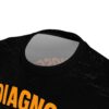 Black all over print crewneck t-shirt, seamless distressed grunge texture, vibrant orange text graphic, sublimation print quality.