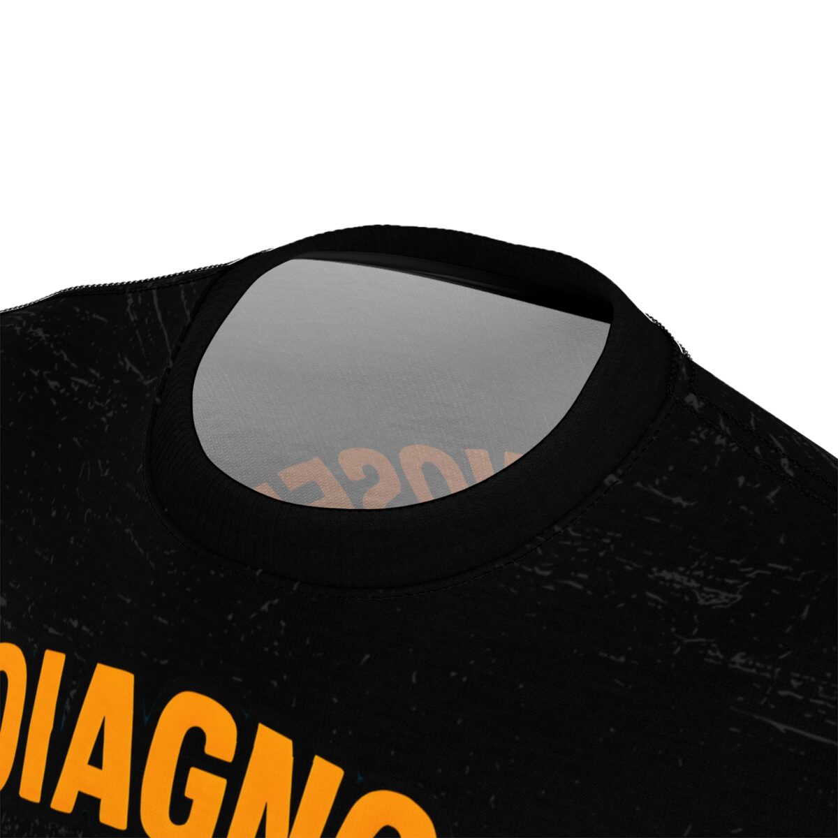 Black all over print crewneck t-shirt, seamless distressed grunge texture, vibrant orange text graphic, sublimation print quality.
