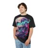 Black crewneck t-shirt, large cyberpunk skull graphic, intricate mechanical details, glowing purple accents, turquoise smoke elements, bold red background.