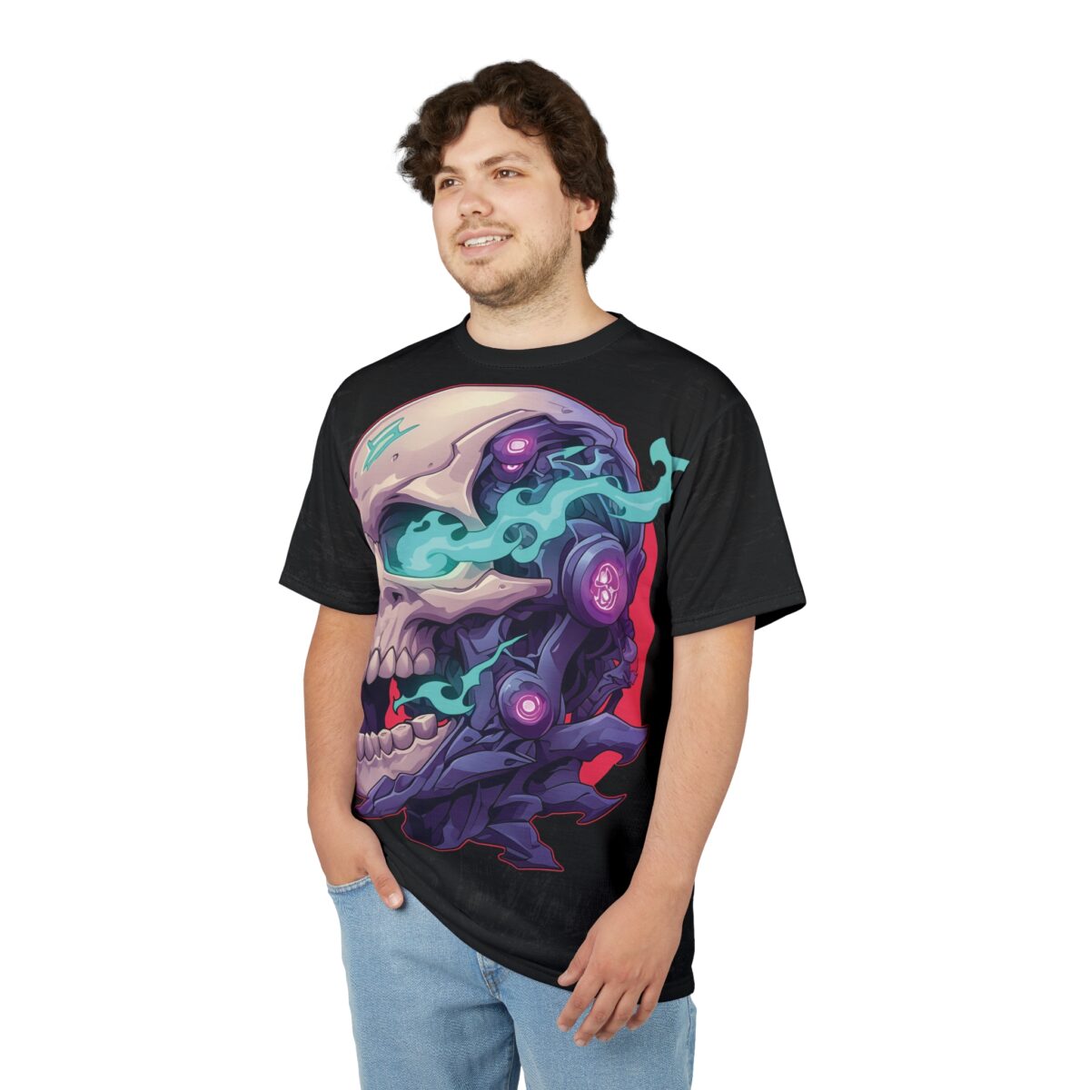Black crewneck t-shirt, large cyberpunk skull graphic, intricate mechanical details, glowing purple accents, turquoise smoke elements, bold red background.