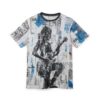 All over print t-shirt, cyber grunge streetwear aesthetic, black guitar silhouette graphic, newspaper collage background, blue paint splatters.