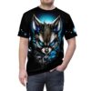 Black all over print tee, cyberpunk fox graphic, blue glowing eyes, metallic details, digital circuit accents, seamless print.