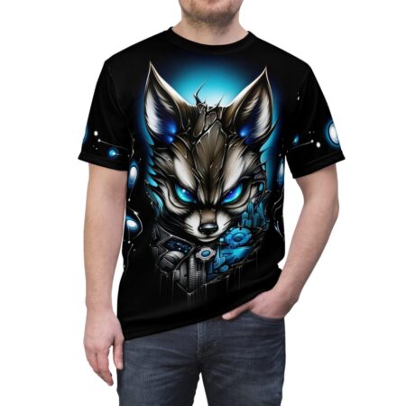 Black all over print tee, cyberpunk fox graphic, blue glowing eyes, metallic details, digital circuit accents, seamless print.