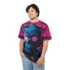 Cyberpunk aesthetic all over print t-shirt, vibrant pink splash background, detailed blue skull graphic with pink lens, yellow accents, seamless wrap around design.