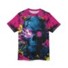 All over print cyberpunk sublimation tee featuring a blue cracked skull, electric purple eye, digital circuitry, and bright pink splatter background.