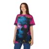 Cyberpunk skull graphic, all over print, sublimation tee, electric pink background, neon accents, robotic details, wrap around graphic.