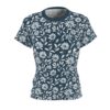 Dark blue all over print sublimation tee with a vintage pattern of white daisies and leaves. Seamless wrap around floral design.