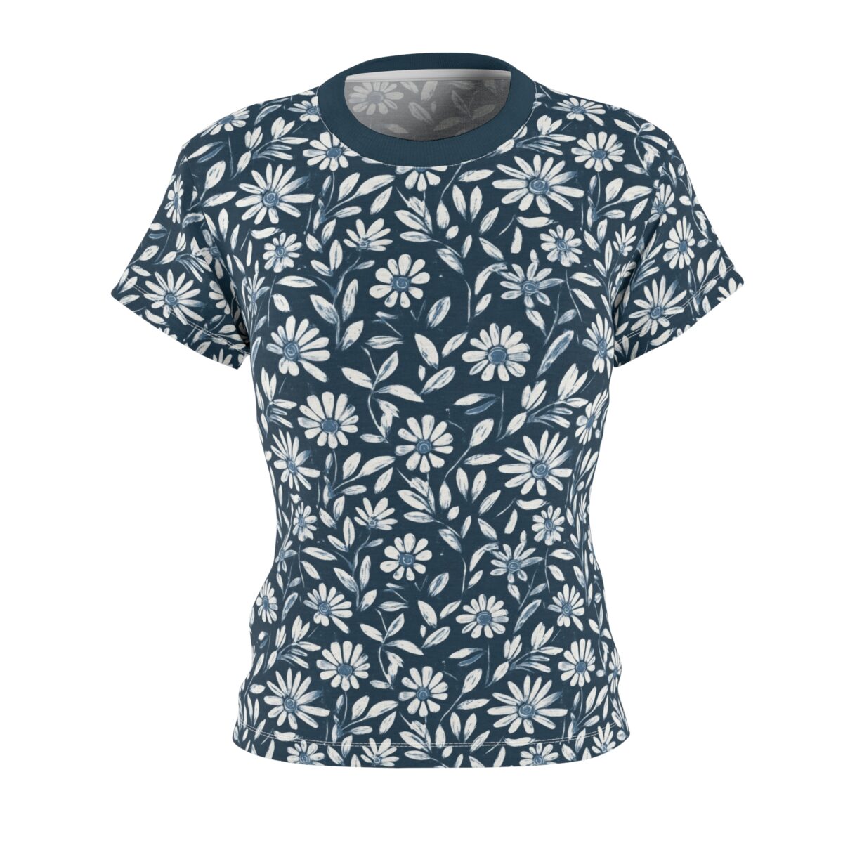 Dark blue all over print sublimation tee with a vintage pattern of white daisies and leaves. Seamless wrap around floral design.