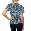 Dark blue sublimation tee with all-over white floral and leaf vintage pattern.