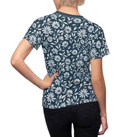 Dark blue sublimation tee with all-over white floral and leaf vintage pattern.