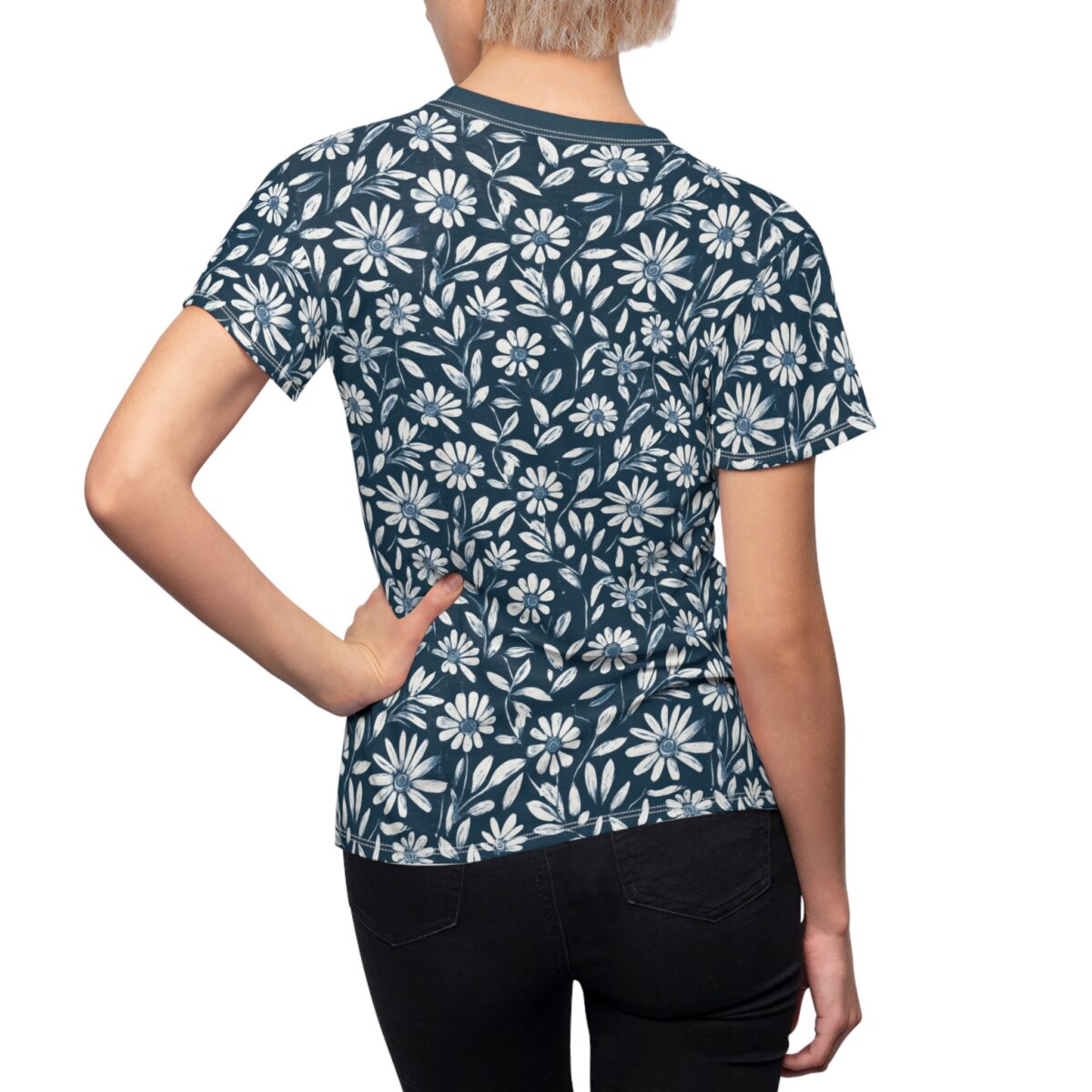 Dark blue sublimation tee with all-over white floral and leaf vintage pattern.