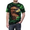 Green leaves and a brown eagle cover this sublimation graphic tee, depicting a majestic bird in dense foliage.