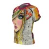 Bold watercolor face art sublimation tee, featuring a vintage newspaper collage print wrap around graphic with vibrant colors.