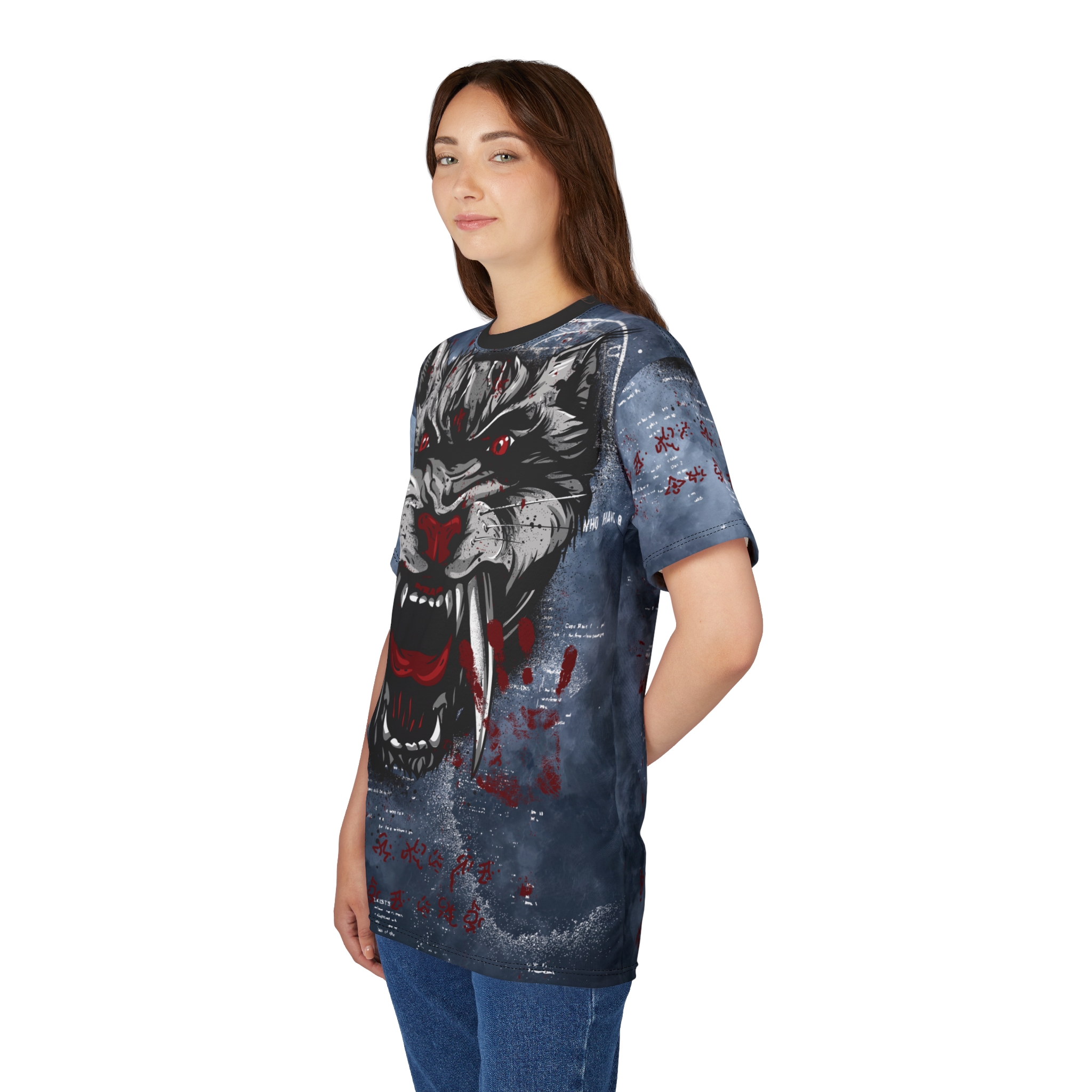 Dark blue and grey textures with blood splatters and red script cover this graphic streetwear tee, featuring a snarling panther head with sharp teeth and glowing red eyes.