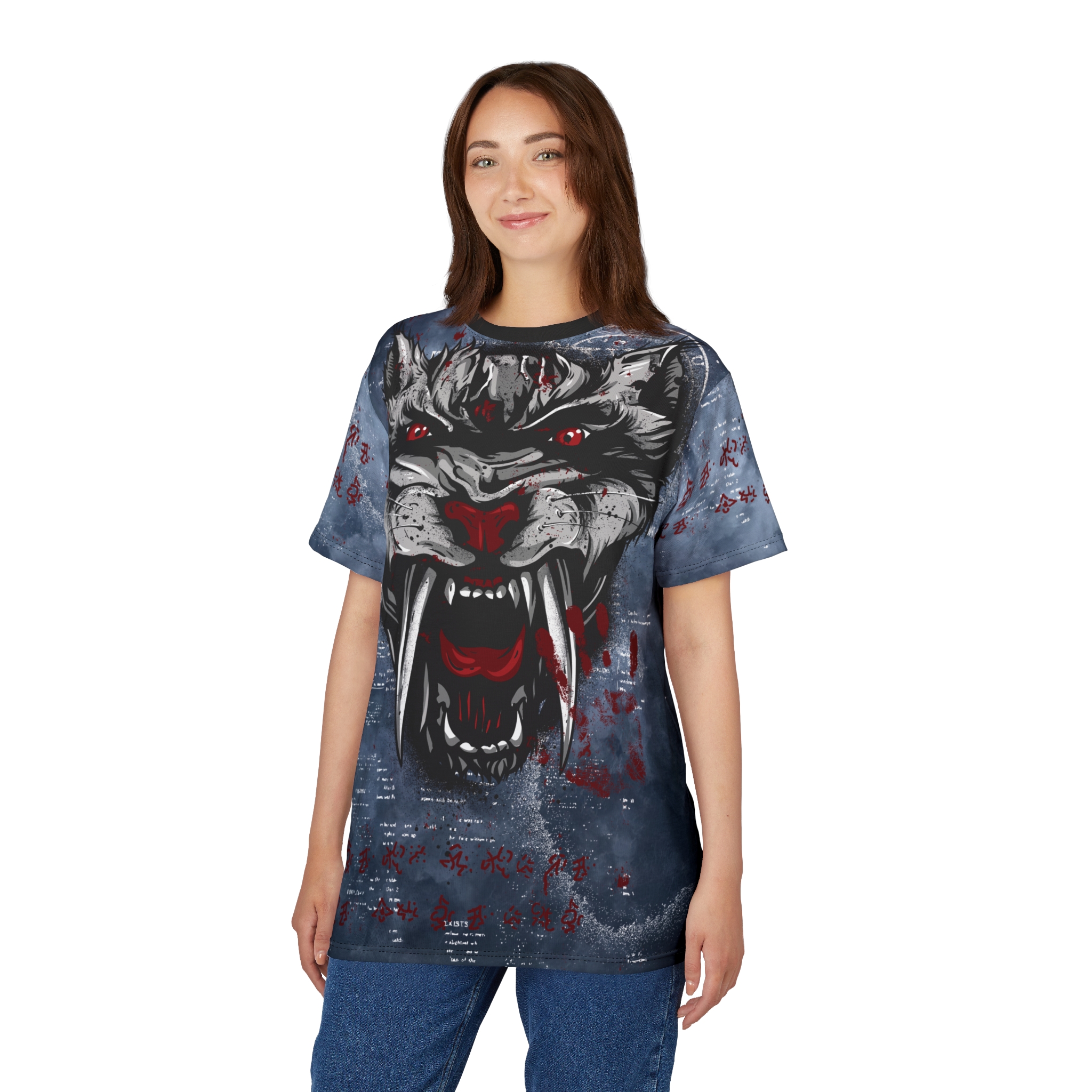 Dark blue and grey watercolor textures with red splatters and faded script cover this graphic streetwear tee, featuring a snarling panther's face with sharp fangs and glowing red eyes.