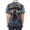 Faded blue and grey textures, red blood spatter, and ancient script cover this graphic streetwear tee, with a fierce, roaring saber-toothed cat head design.