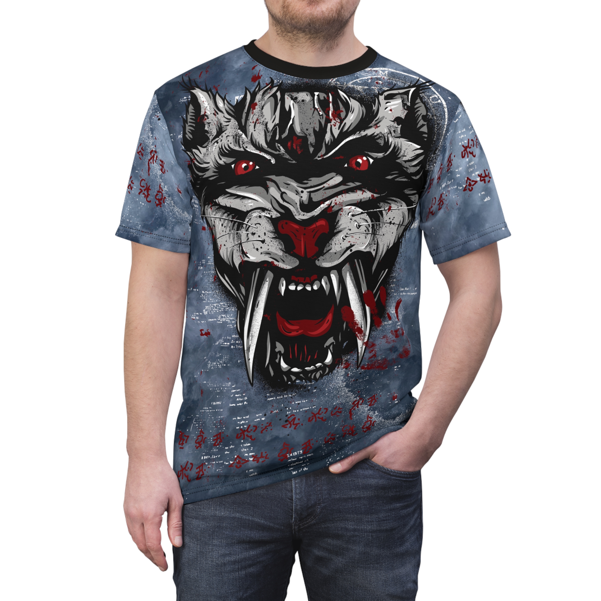 Red-eyed gray panther face with fangs and blood splatters, surrounded by faint text and symbols on a dark blue background.