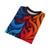 Fire and ice abstract swirl sublimation tee with seamless wrap around graphic design.