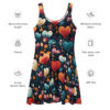 All over print fit and flare dress with a dark navy background and a vibrant floral heart design in red, orange, blue, and pink.