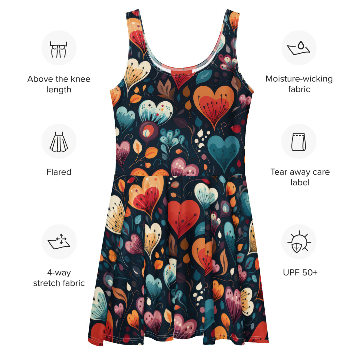 All over print fit and flare dress with a dark navy background and a vibrant floral heart design in red, orange, blue, and pink.