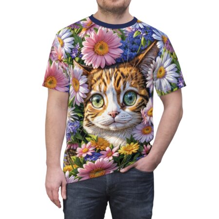 Premium Floral Cat AOP Tee, Unisex Animal Tee, Cute Cat Shirt, Nature Lover Gift, Pet Lover Apparel, Floral Graphic T-Shirt – soft all-over print unisex tee