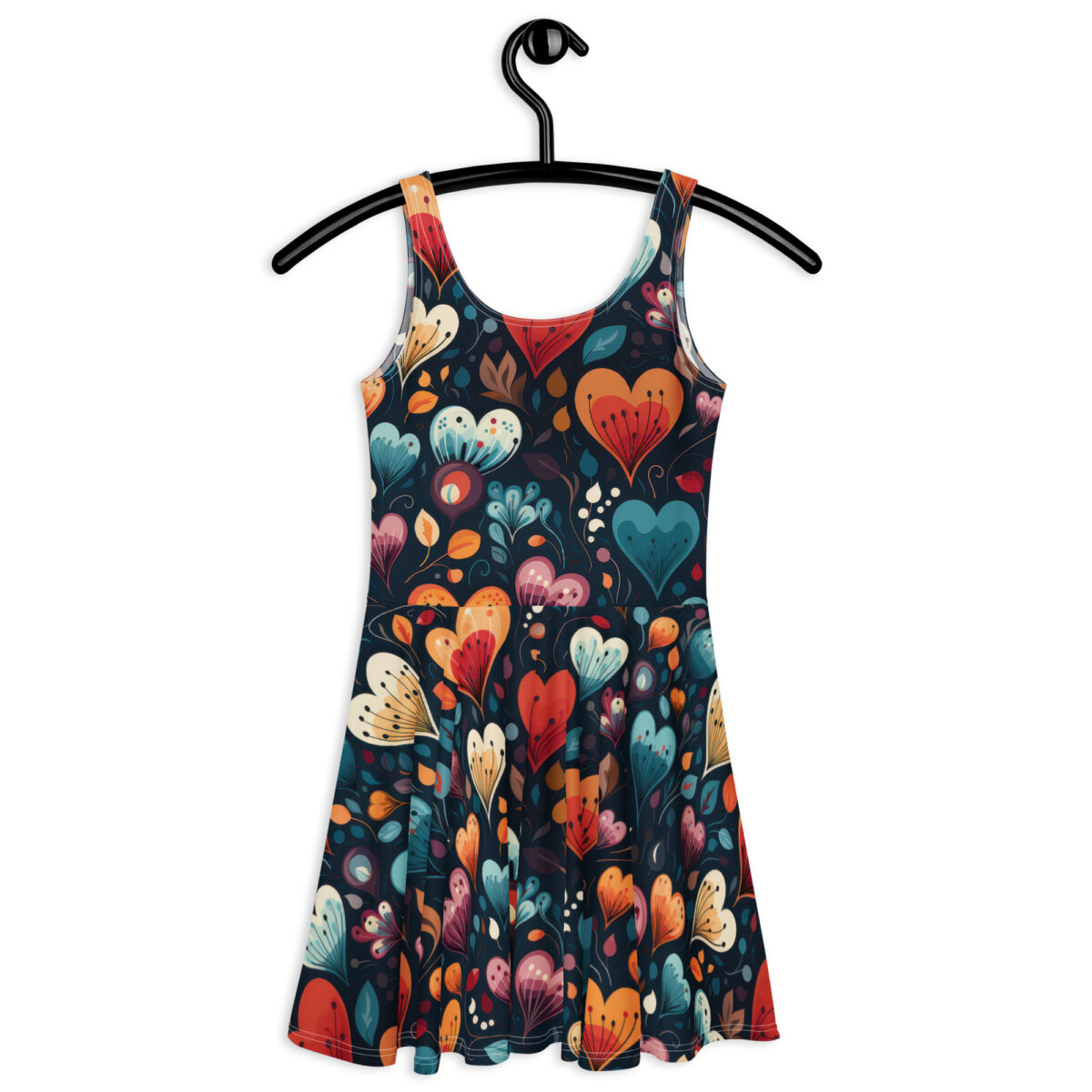 Fit and flare dress with an all over print of stylized hearts and floral elements in warm, vibrant colors on a dark navy background.
