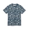 White and blue painterly daisies and leaves cover this 3D graphic t-shirt, set against a dark navy background.