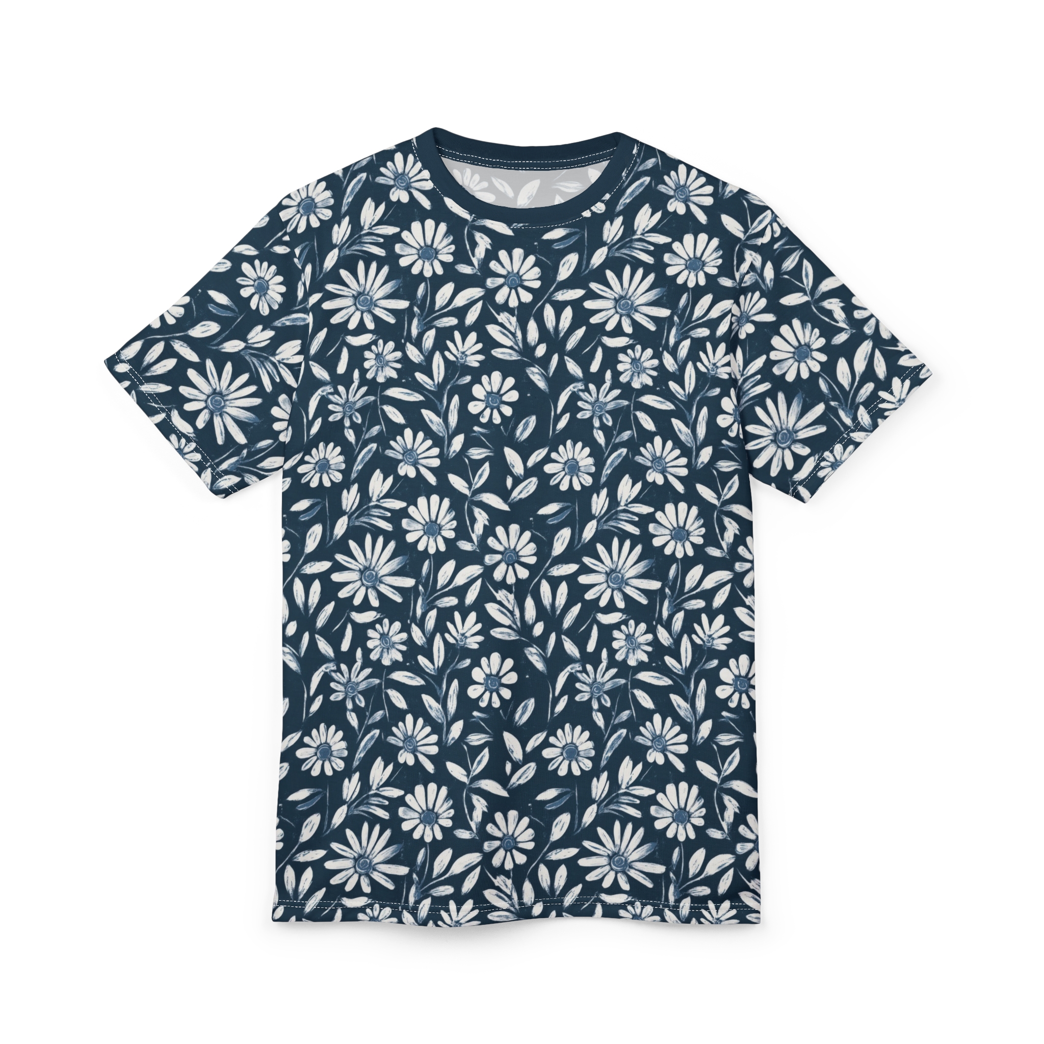 White and blue painterly daisies and leaves cover this 3D graphic t-shirt, set against a dark navy background.