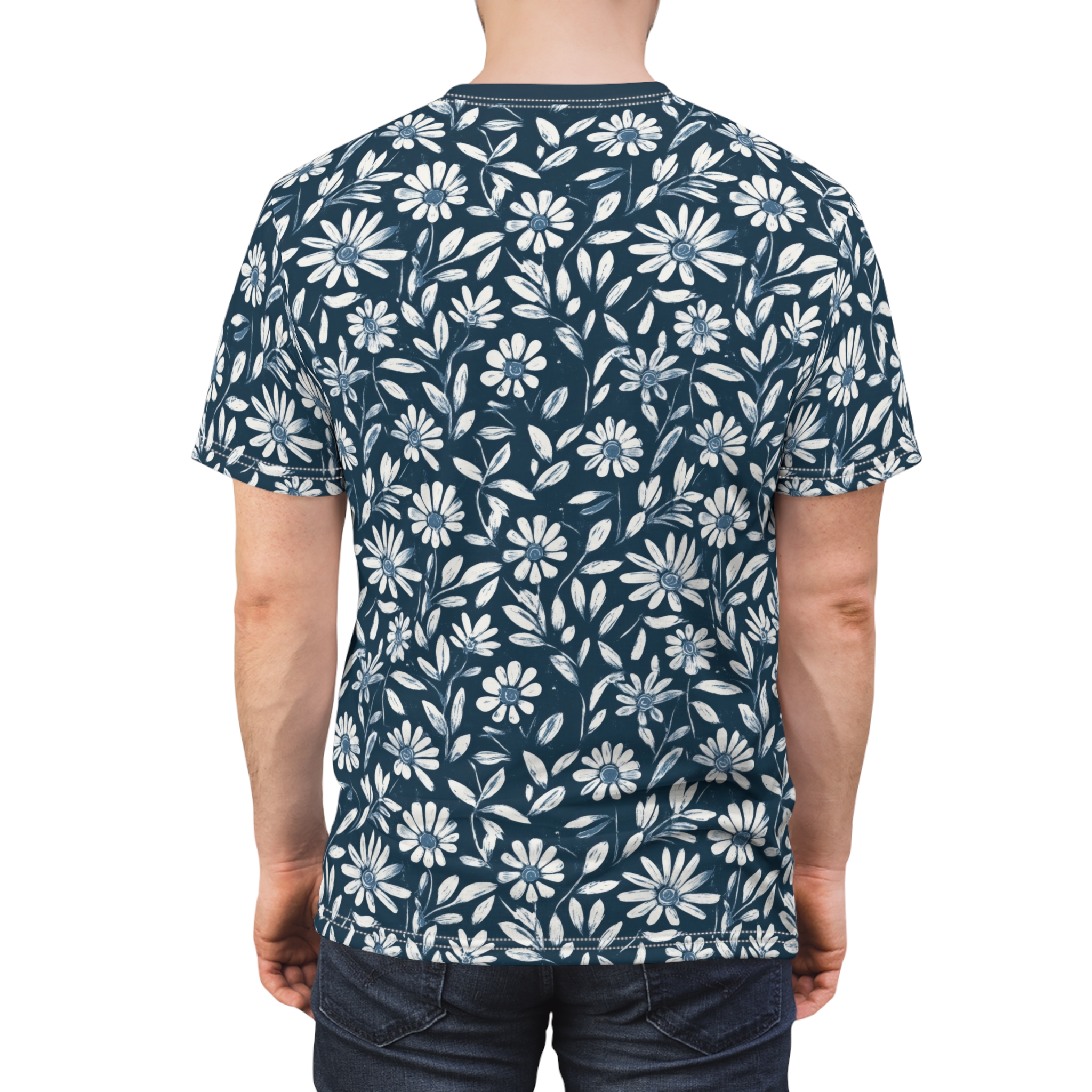 White and blue daisy flowers and leaves cover this full print shirt, set against a dark navy background.