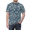 White and blue floral patterns with leaves cover this all over print t-shirt on a dark blue background.
