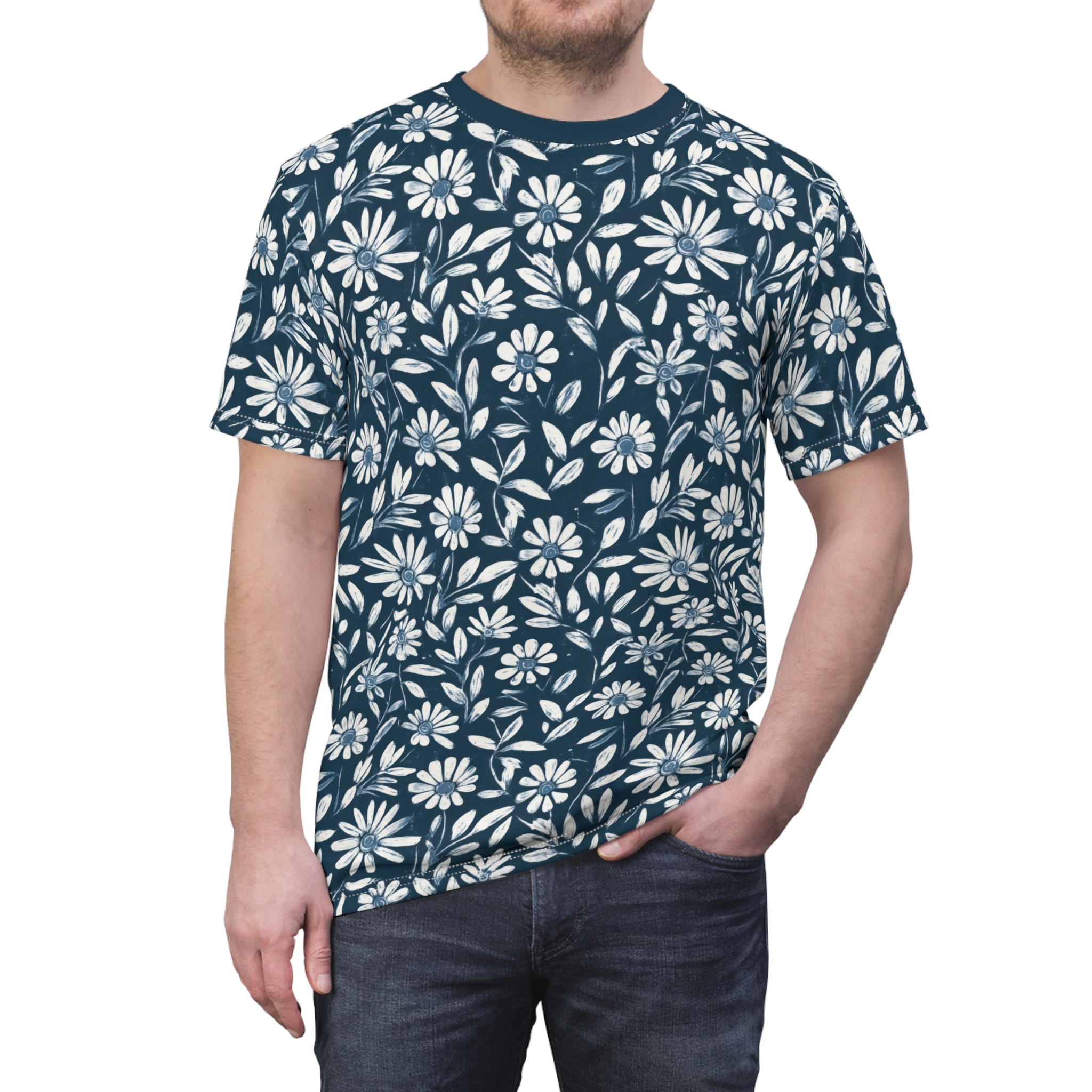 White and blue floral patterns with leaves cover this all over print t-shirt on a dark blue background.