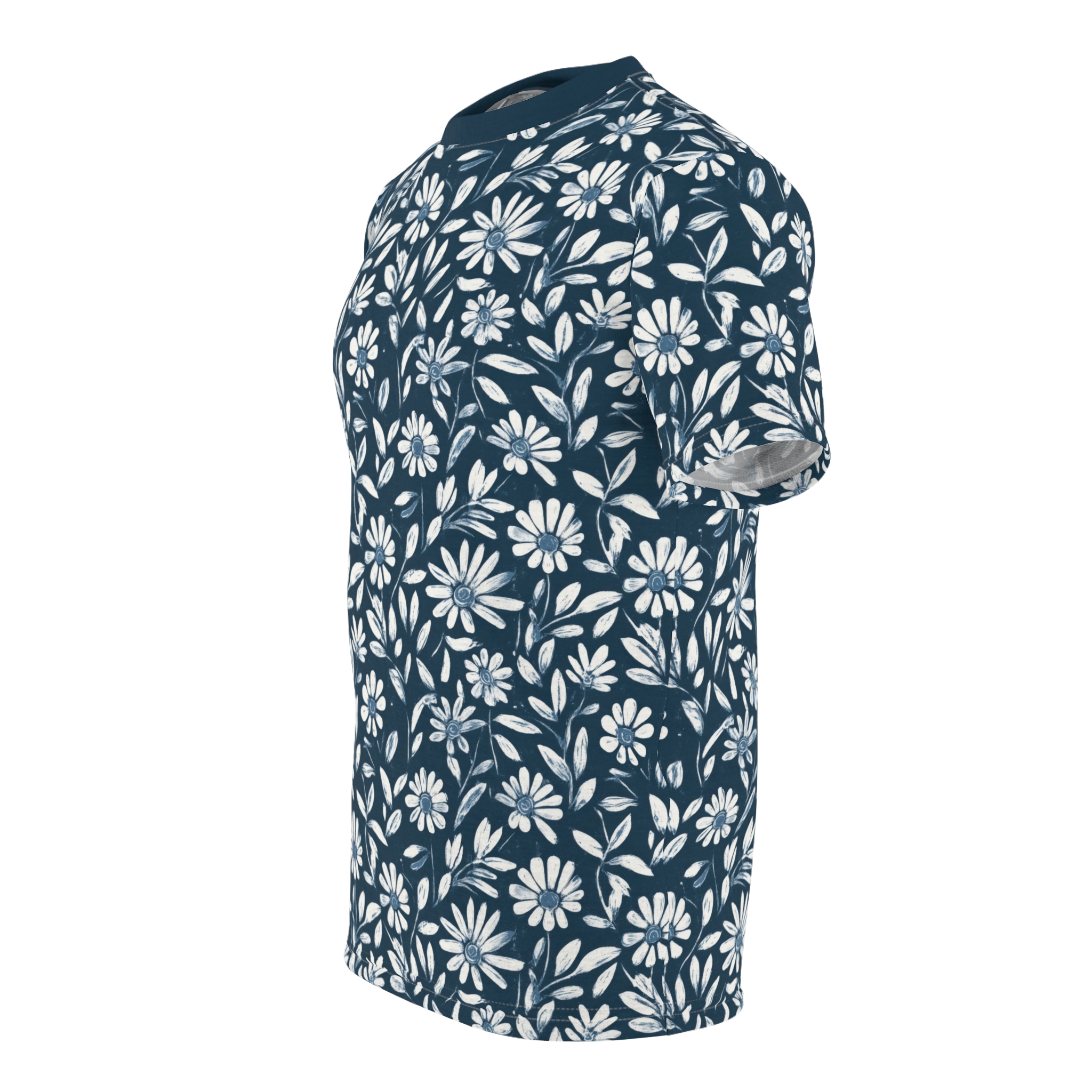 White daisies and blue-tinted leaves cover this sublimation graphic tee, creating a repeating botanical pattern.
