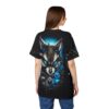 Black fabric features a futuristic fox with bright blue eyes and mechanical components, set against a neon blue background and cityscape.