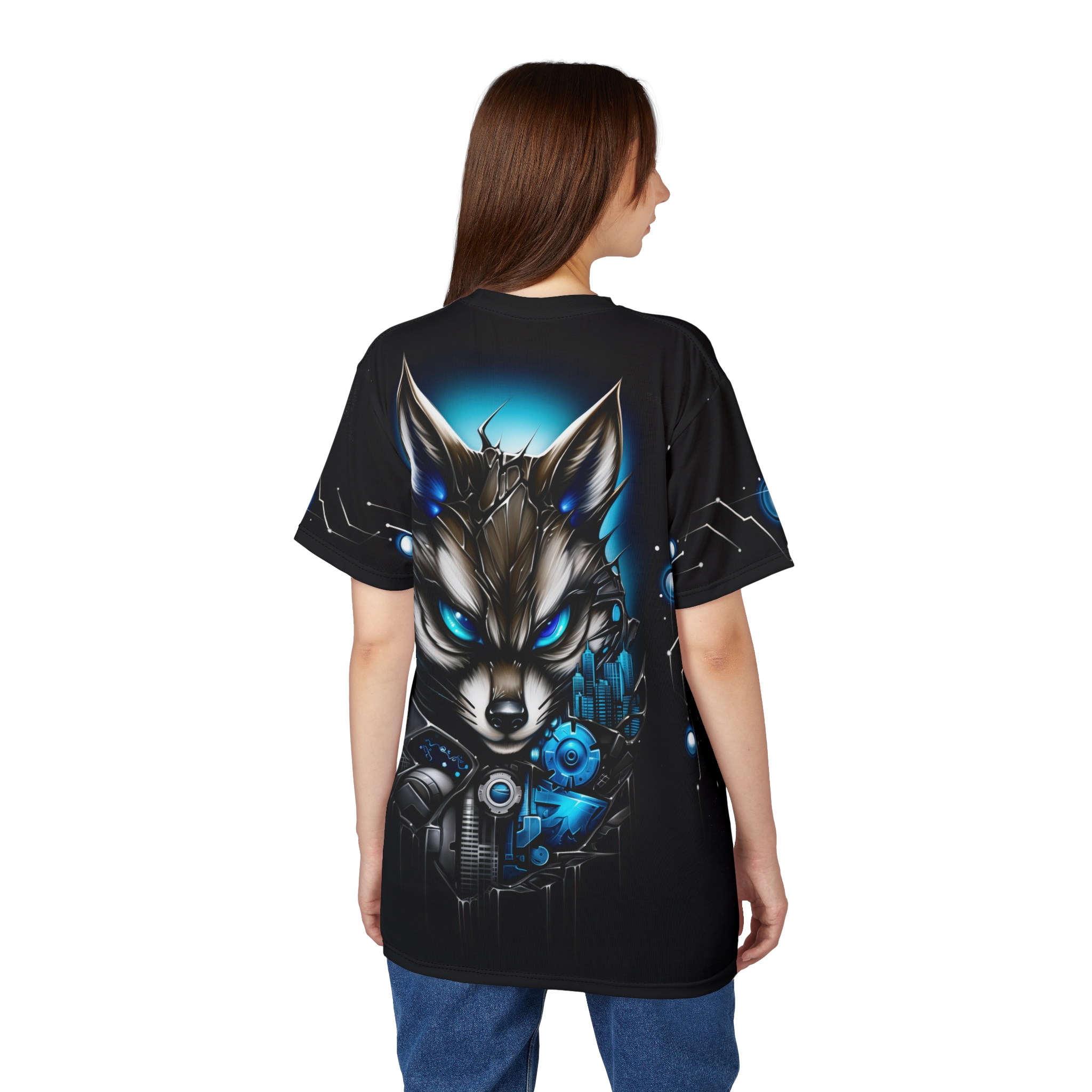 Black fabric features a futuristic fox with bright blue eyes and mechanical components, set against a neon blue background and cityscape.