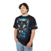 Blue and metallic grey tones cover this seamless pattern tee, depicting a robotic fox head with glowing blue eyes and a cityscape.