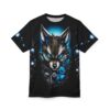 Black with blue and metallic accents cover this sublimation graphic tee, depicting a cybernetic fox head with glowing blue eyes and intricate mechanical details.