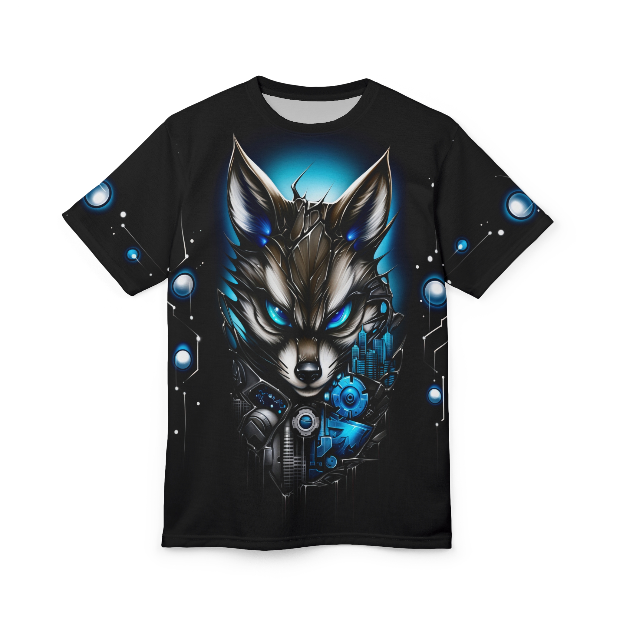 Black with blue and metallic accents cover this sublimation graphic tee, depicting a cybernetic fox head with glowing blue eyes and intricate mechanical details.