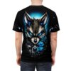 Metallic browns, bright blues, and black tones cover this full print shirt, showing a cybernetic fox with glowing blue eyes and intricate mechanical details.