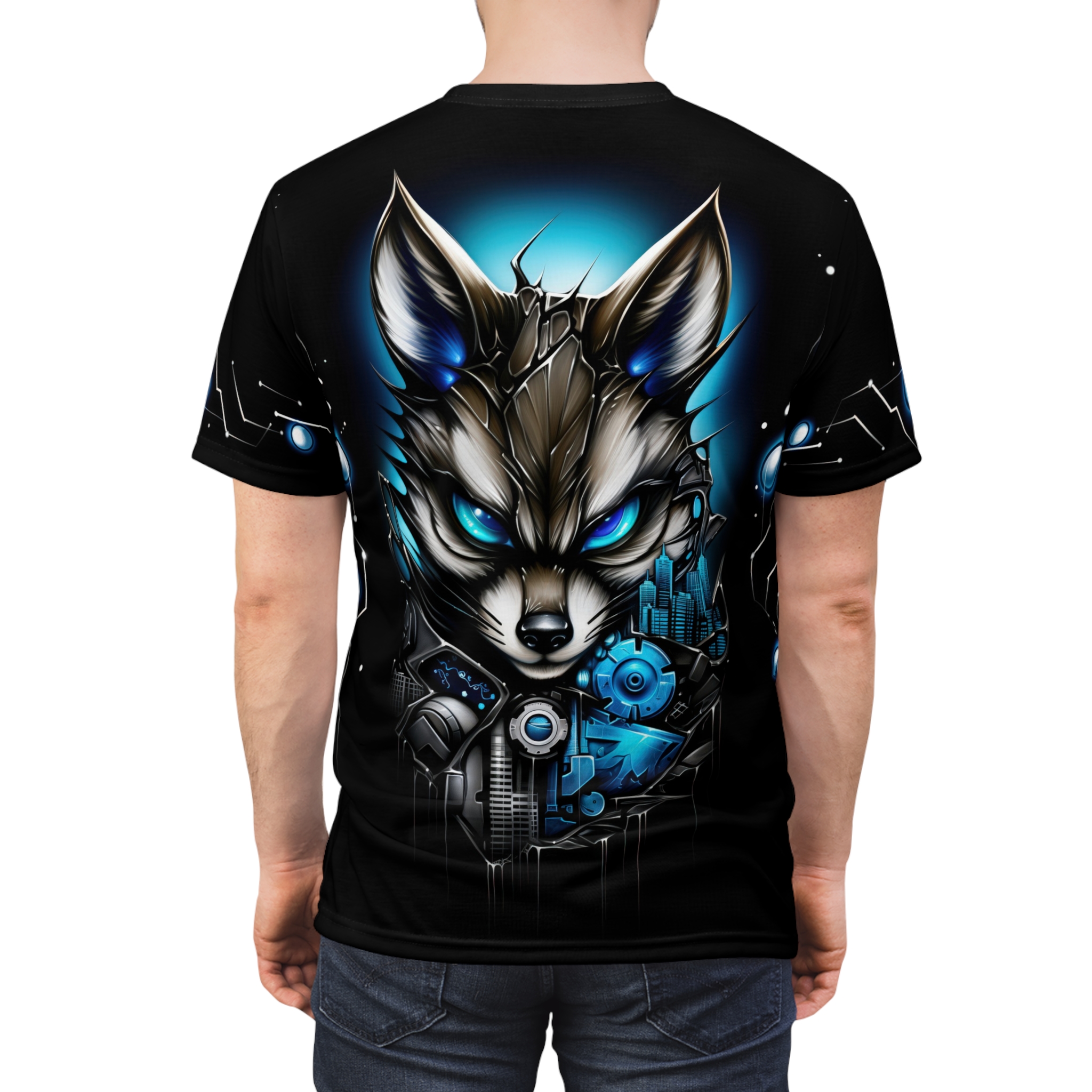 Metallic browns, bright blues, and black tones cover this full print shirt, showing a cybernetic fox with glowing blue eyes and intricate mechanical details.