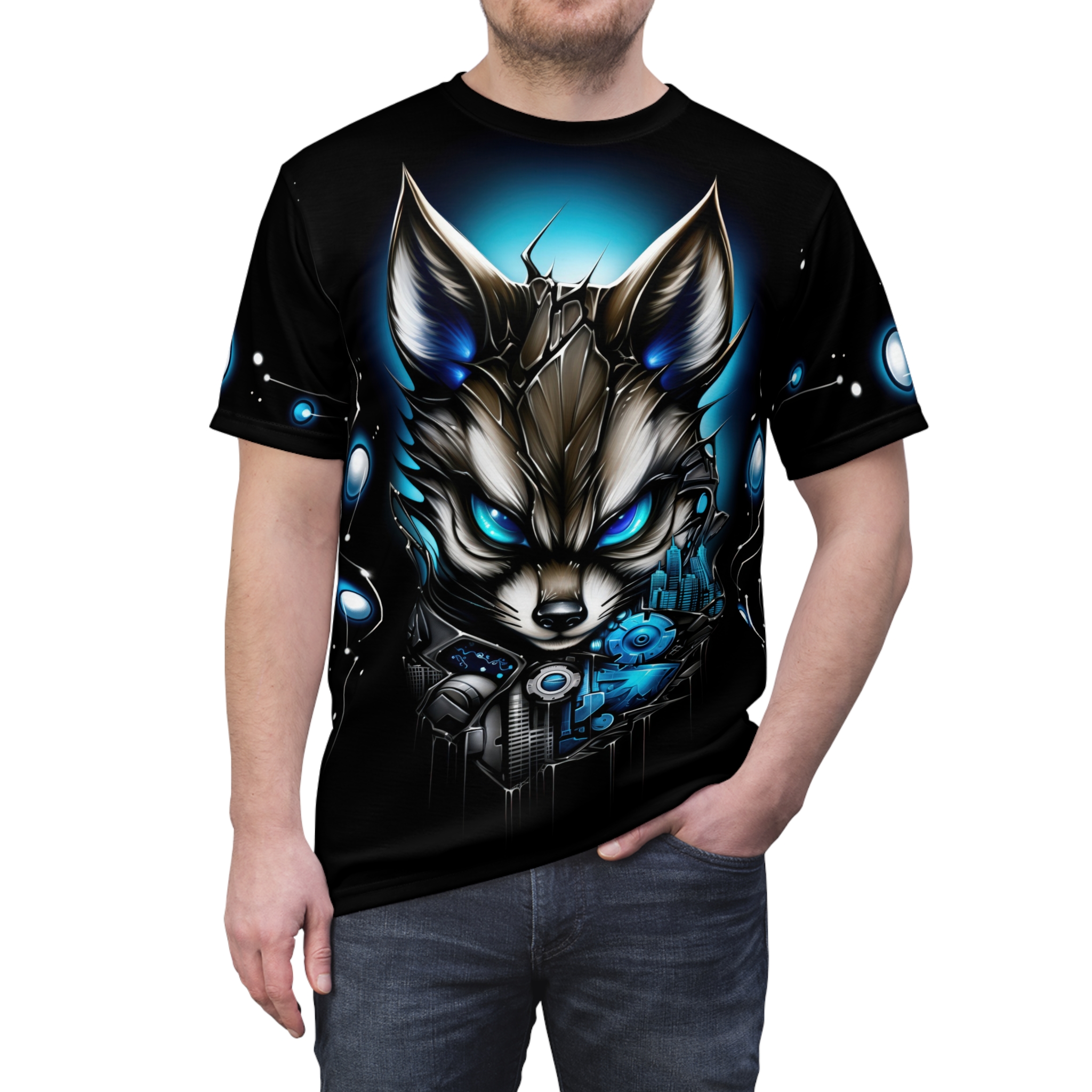 Futuristic Fox Graphic Tee - Cyberpunk T-Shirt - Unisex All Over Print T-Shirt
