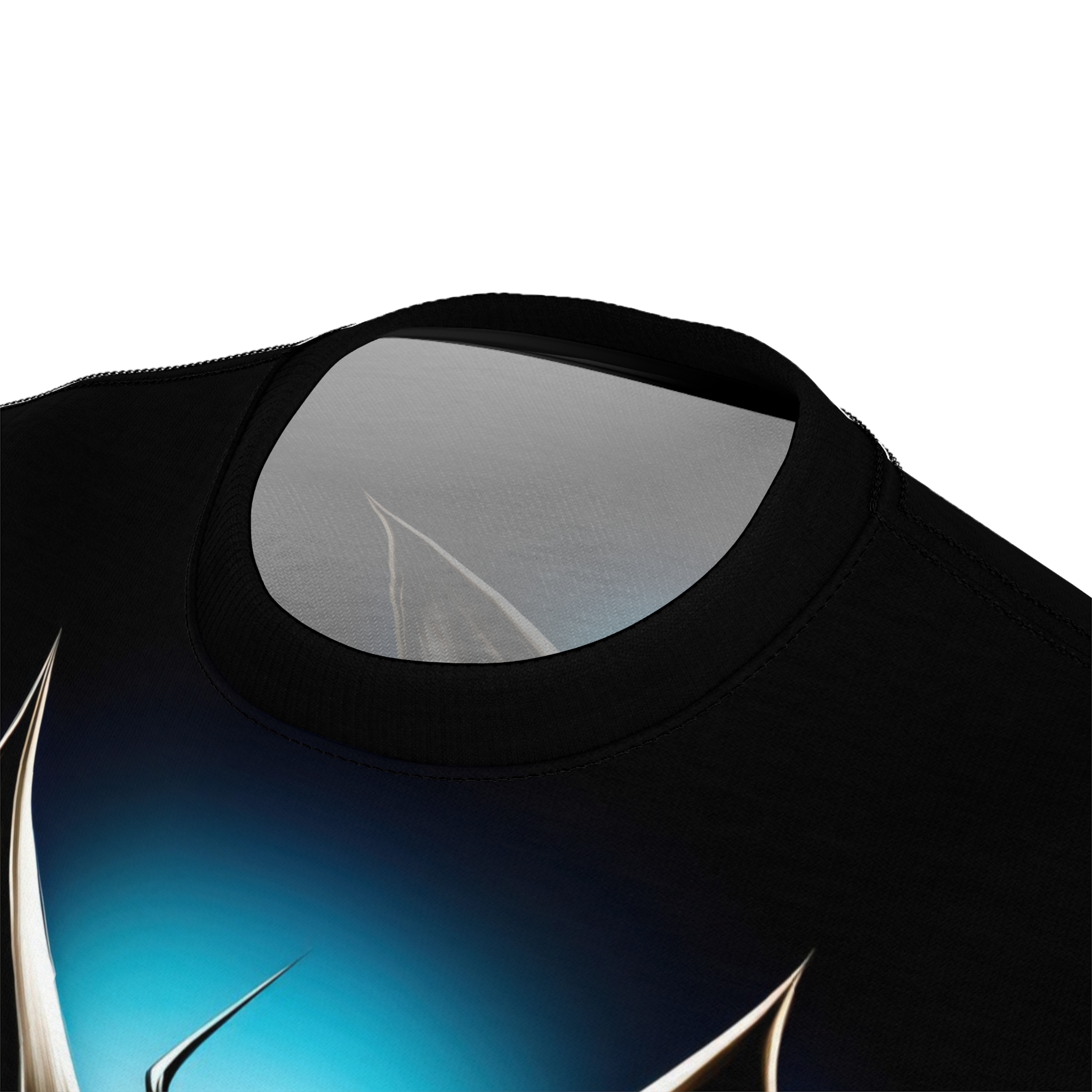 White, black, and neon blue accents cover this oversized full print tee, depicting a futuristic fox with sharp, angular lines against a gradient background.