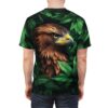 Vibrant green leaves and detailed brown feathers cover this full print shirt, depicting a majestic eagle in foliage.