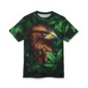 Golden brown plumage and vibrant green leaves cover this all over print apparel, depicting a majestic eagle head.
