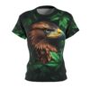 Green foliage, golden feathers cover this sublimation graphic tee, depicting a detailed eagle profile.
