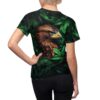 Lush green foliage, golden brown eagle feathers cover this all over print apparel, depicting realistic forest wildlife.