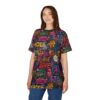 Vibrant graffiti tags, peace signs, and flowers cover this full print shirt, with 