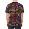 Graffiti tags, peace signs, and flowers in vibrant pinks, yellows, blues, and greens cover this all over print apparel, on a brick wall background with splatters and drips.