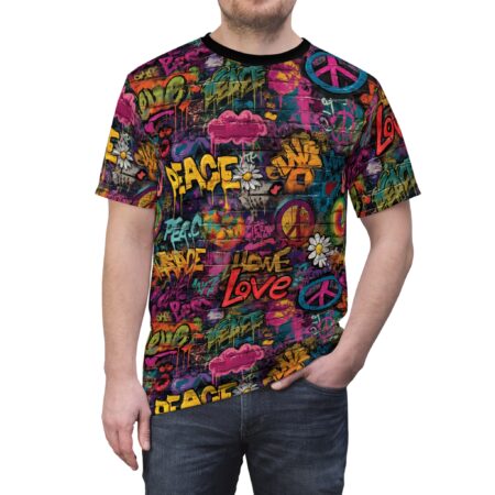 Bright graffiti art with peace signs, flowers, and the words "PEACE" and "LOVE" cover this all over print apparel, set against a brick wall background.